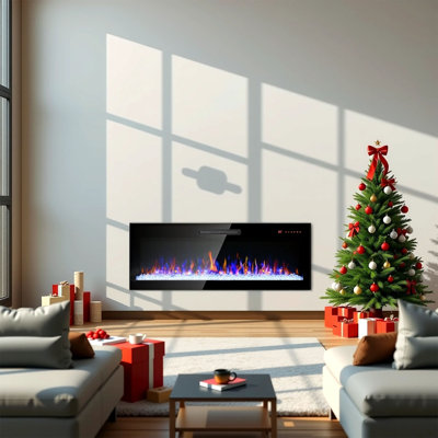 Foyer électrique mural encastré en verre trempé de 50 pouces avec télécommande et flamme multicolore