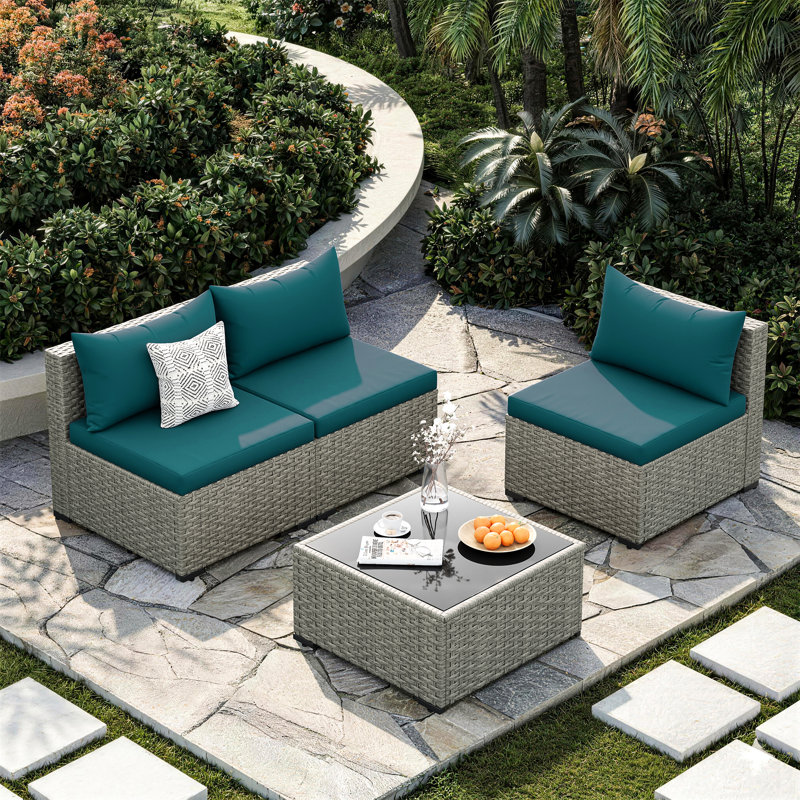 Ensemble de canapé de patio en osier 4 pièces avec table basse, Bleu paon