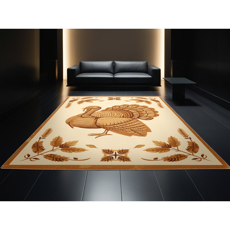 Machine Washable Elkton Stuffed Turkey Country Rustic Block Print Rug in Beige – Beige Binding, 7x9