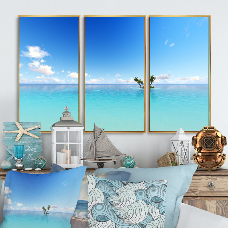 «Blue Corals Island Sea - Sea & Shore», ensemble de 3 toiles murales encadrées, H 28 po x l 36 po x P 1 po, Or
