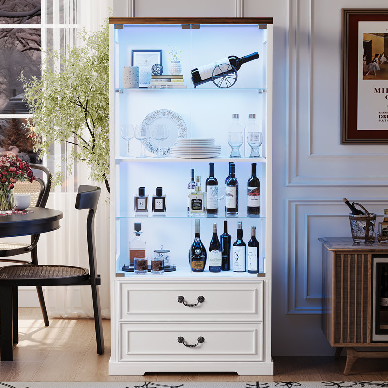 66" H Glass Display Cabinet with 2-Drawers,4-Tier Storage Cabinet With 3 Color Led Lights, Brown/White