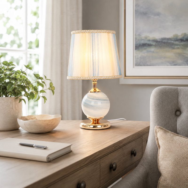 Lampe de table H 15,7 po moderne avec abat-jour en tissu, corps en verre de marbre bleu et blanc, deux interrupteurs indépendants