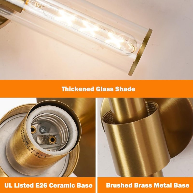 Set Of 2 Hardwired Wall Sconce Lights, Modern Bathroom Vanity Lighting Fixture With Clear Glass Shade, Brushed Brass Finish For Mirror, Hallway, And Bedroom