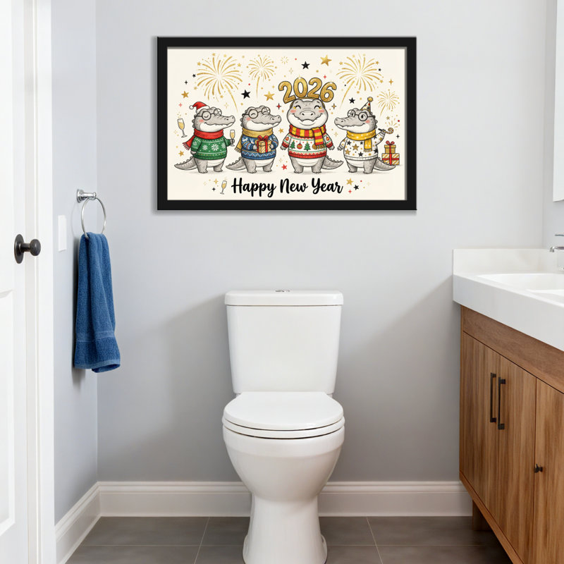 Animaux mignons crocodiles célébrant le Nouvel An 2026 - Cadre photo sur toile, H 12 po x l 18 po, Toile tendue