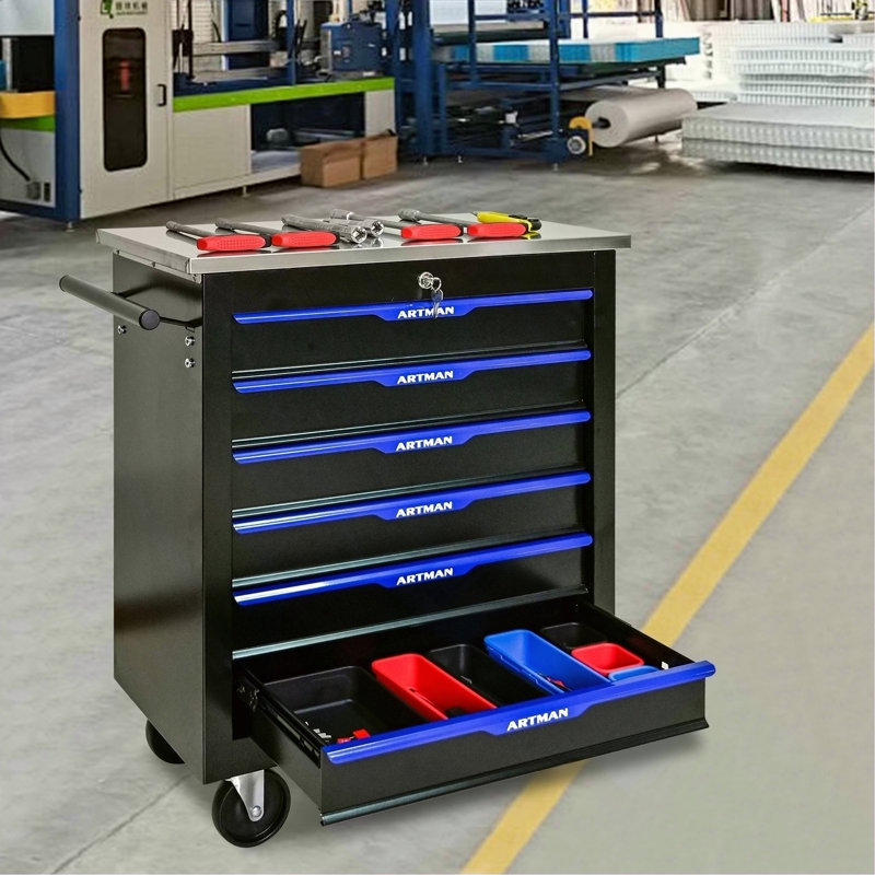 6 DRAWERS MULTIFUNCTIONAL TOOL CART WITH WHEELS-BLACK&BLUE