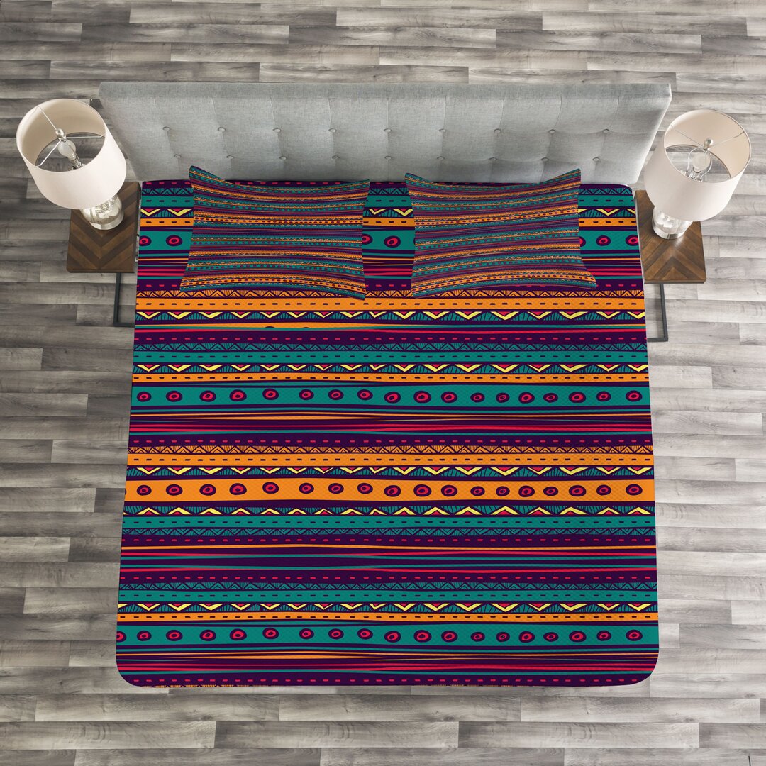 Gestepptes Bettdecken-Set, Retro Aztec Kunst, Gestreift, Teal Plum und orange