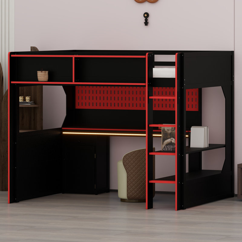 Space-Saving Loft Bed Frame with Workspace, Ambient Lights & Charging Hub, Black+Red
