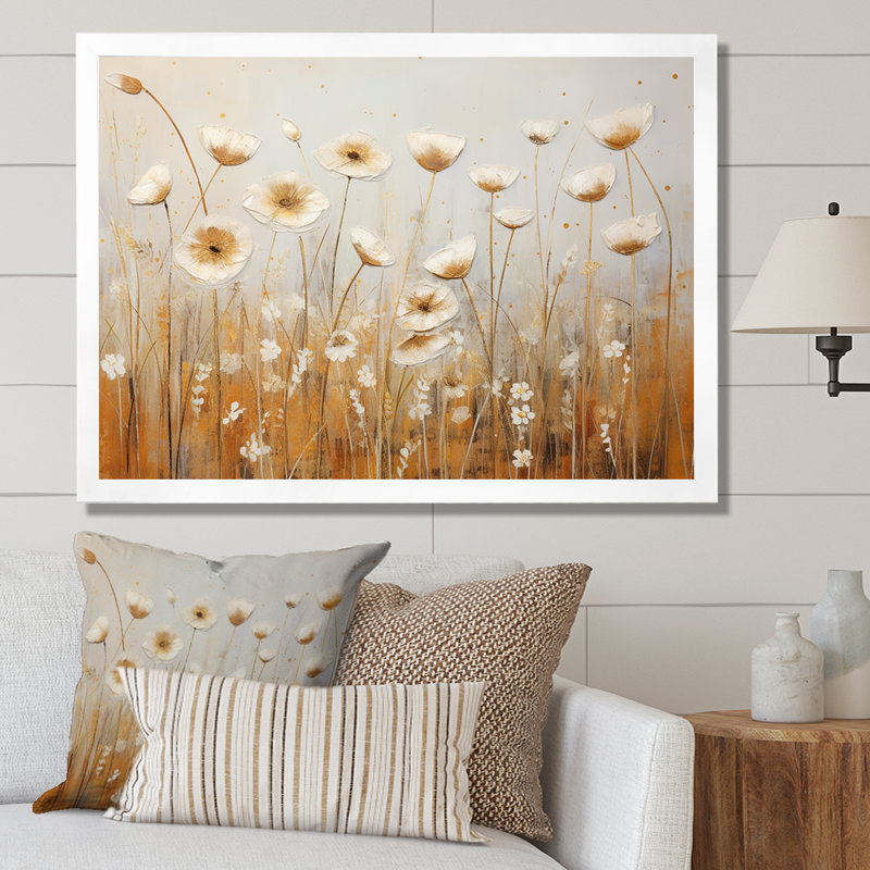 Beige fleurs de jardin murmures II, Cadre simple blanc, H 24 po x l 32 po x P 1 po