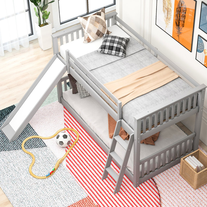 Lit simple superposé gris avec glissière intégrée et réversible, idéal pour les chambres familiales, solution peu encombrante, structure en bois, construction simple / simple, assemblage simple et simple, pleine longueur