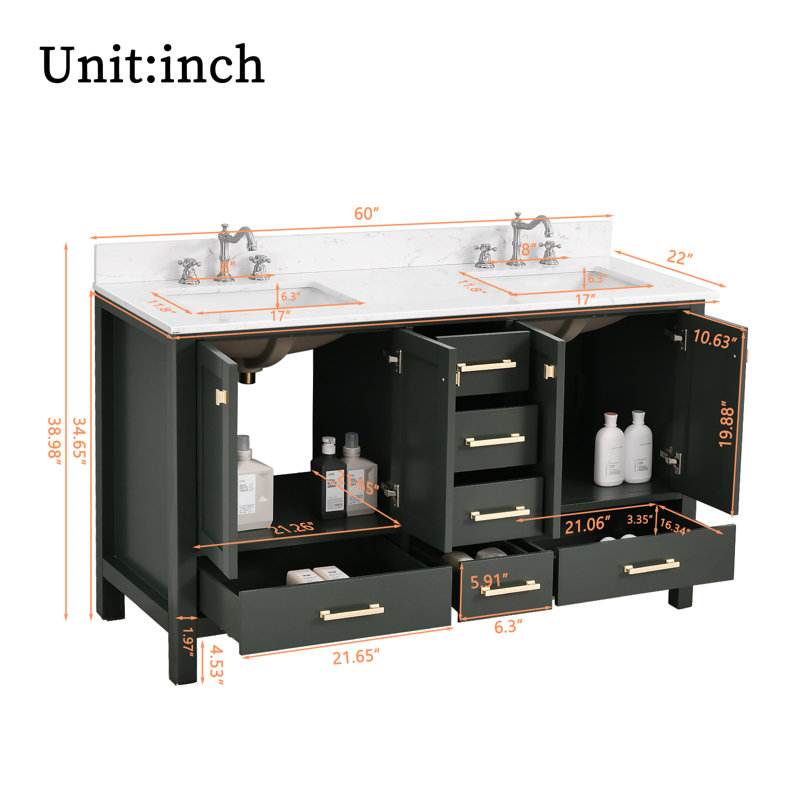 Meuble-lavabo autoportant 60 po avec lavabo double 60 po, Vert
