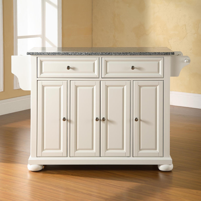 Monty 51.5" Kitchen Island with Granite Top and Locking Wheels, White