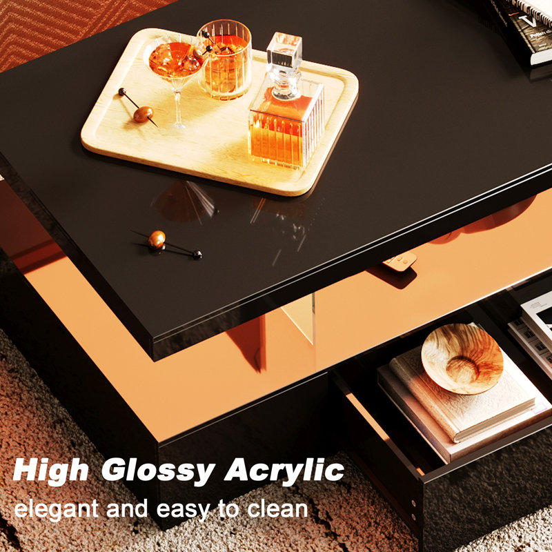 Wrought Studio High Glossy LED Coffee Table With Drawer, Black