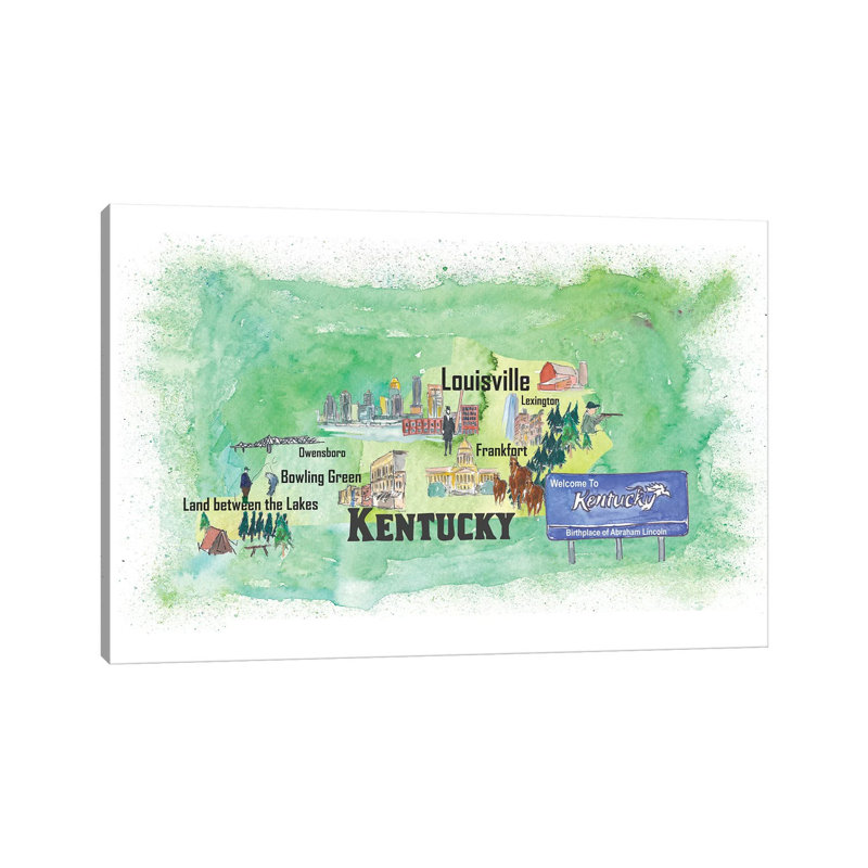 Kentucky Illustrated Travel Poster 1 Piece Wrapped Canvas Wall Art, 30.48 cm H x 45.72 cm W