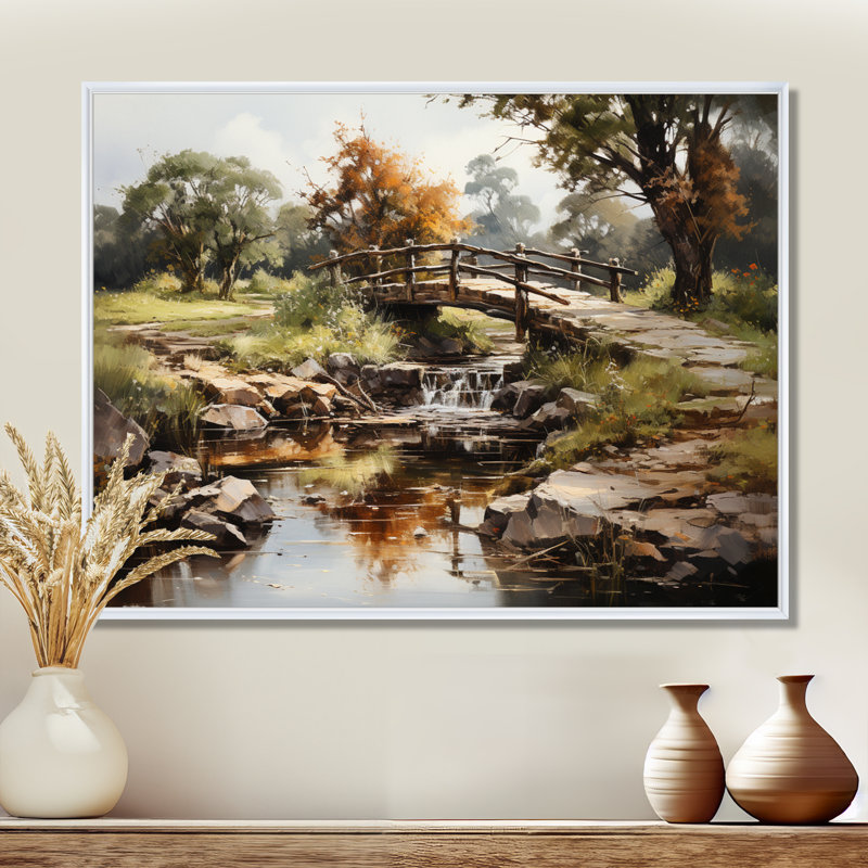 Art mural de style «pont», pont, vert, H 30 po x l 40 po, Cadre flottant blanc