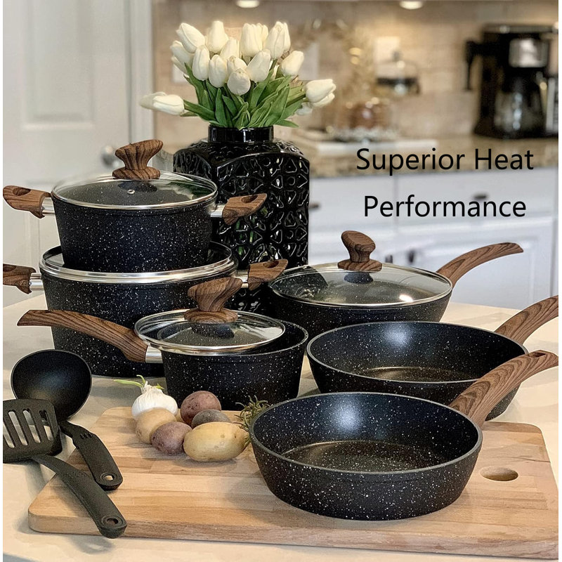 Granite Black 12-Piece Nonstick Induction Cookware Set with Wood Handles