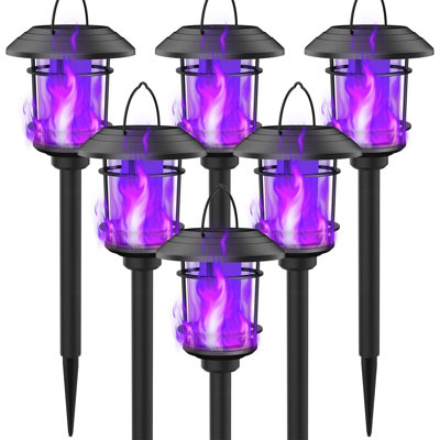 Paquet de 6 torches à flamme solaire, lanterne suspendue mauve à double usage, lumière d'Halloween à allumage automatique pour allée de patio