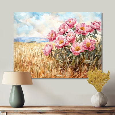 Inde pivoines dans le champ de blé I - pivoines, art mural
