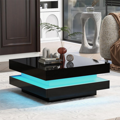 White Square High Gloss Coffee Table With 360° Rotating Top With 16-Color LED Light Tea Table