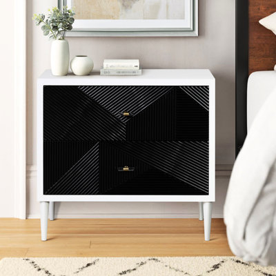 Table de chevet d'appoint blanche et noire pour la chambre à coucher - 2 tiroirs, avant Glamour Elegance