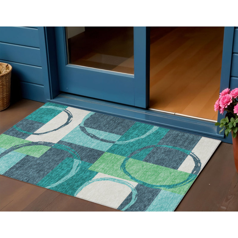 Tapis extérieur bleu sarcelle lavable à motif géométrique 3 pi x 5 pi bleu sarcelle