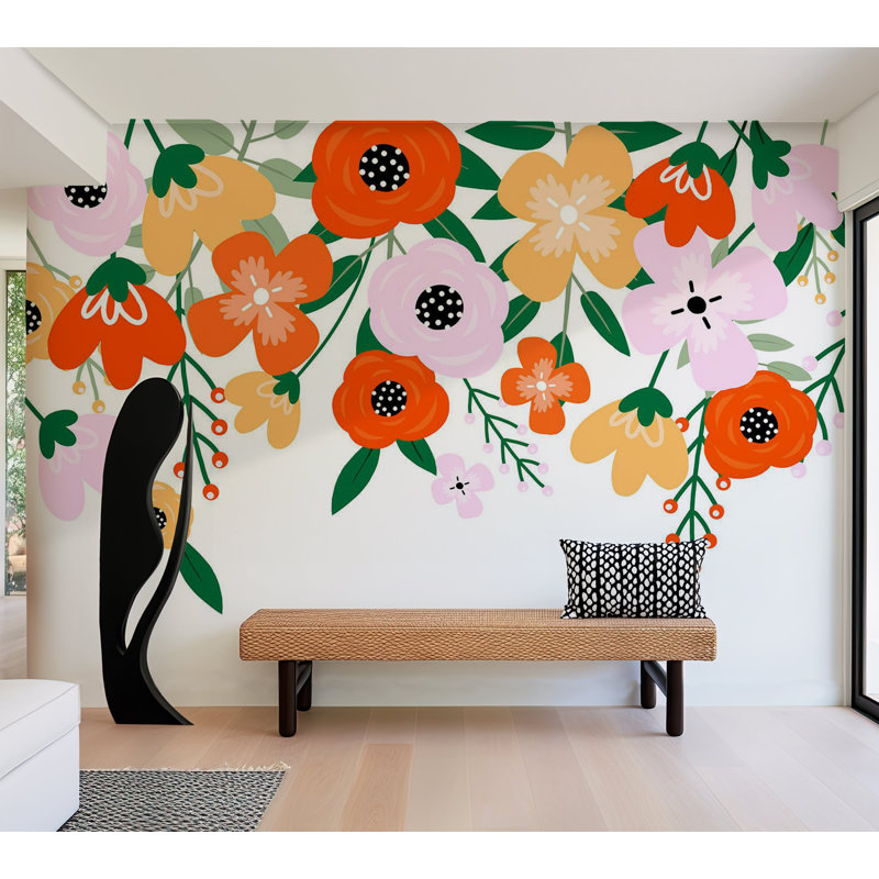 Adhésif mural pelez et collez - fleur abstraite orange, L 57 po x L 41 po