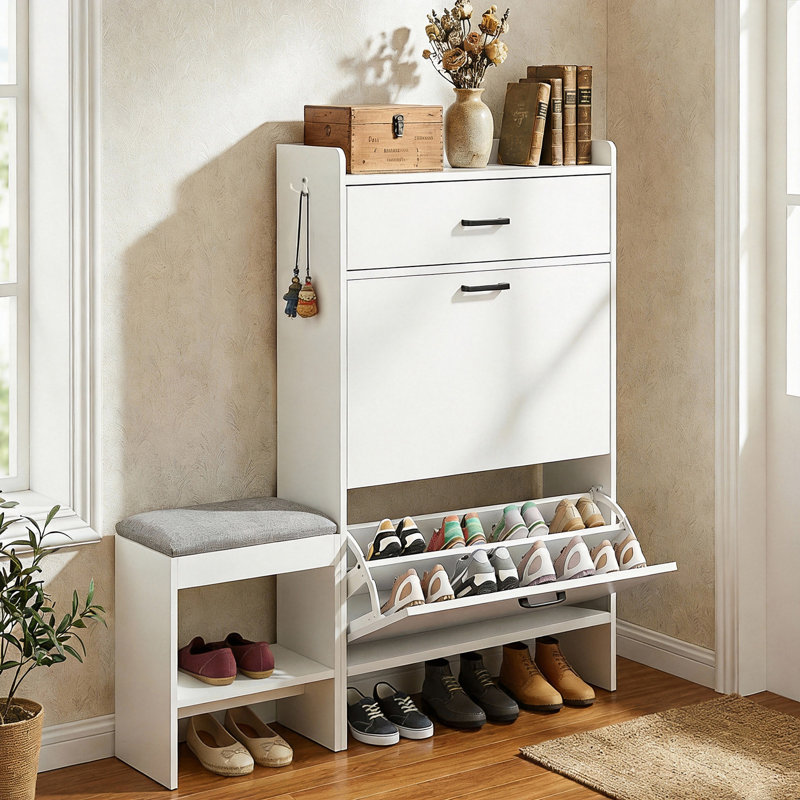 2-Drawer Shoe Cabinet With Flip Top Cushioned Stool 1 Hook 46.1" Width