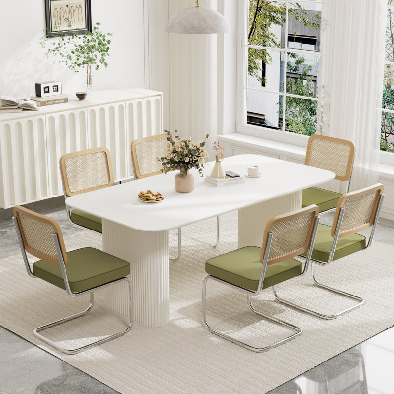 Ensemble de table de salle à manger rectangulaire à double piédestal, Vert, 7, Blanc