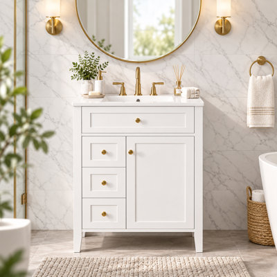 Meuble-lavabo moderne de 61 cm (24 po) avec lavabo en céramique, porte à fermeture amortie, 3 tiroirs et tablette de rangement.