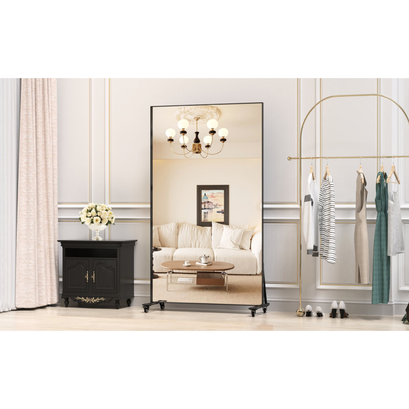 Miroir 67 po x 40 po noir avec cadre en métal, roulettes, miroir carré pour chambre à coucher et divers espaces