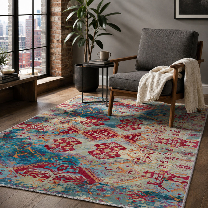 Oriental Cotton and Chenille Flatweave Area Rug, 200 cm round