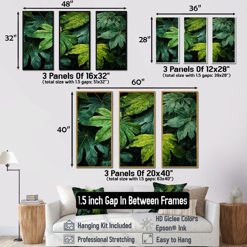 Toile émeraude, forêt tropicale, feuilles I - ensemble d'art mural sur toile, Cadre flottant doré, H 40 po x l 60 po x P 1 po