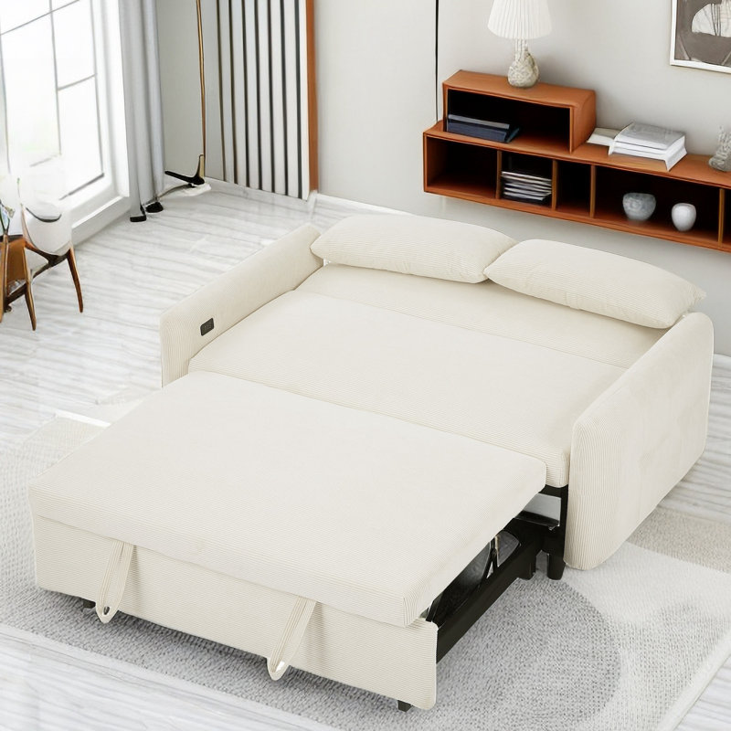 Isel 57'' Sofa Bed Sleeper Loveseat with USB Port and Two Pillows, Beige Corduroy