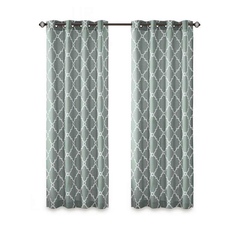 Fretwork Print Grommet Top Window Curtain Panel, Single Panel With Geometric Design And Soft Sunlight Filtering, Beige/Gray