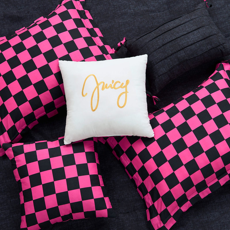 Juicy Couture Checkerboard Comforter Sets, Black/Hot Pink, Queen Comforter + 5 Additional Pieces