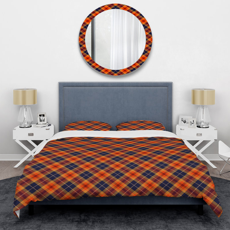 Ensemble de housse de couette 3 pièces en microfibre à carreaux orange et bleu, Très grand