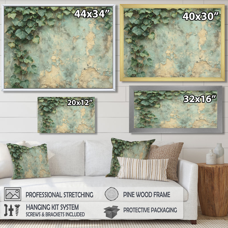 Collage de feuilles de lierre sur un mur III - feuilles, art mural, H 30 po x l 40 po, Toile tendue, Ne s’applique pas