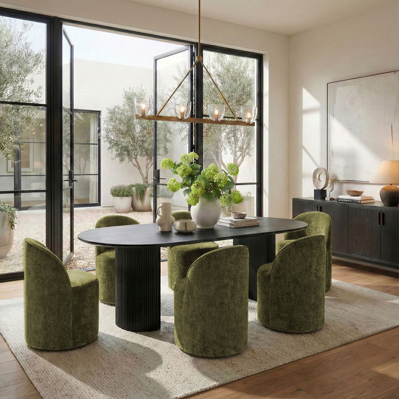  Ensemble de table de salle à manger pour 6 personnes avec table ovale et 6 chaises rembourrées, Noir, Vert olive
