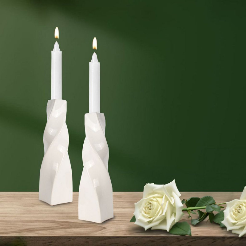  11" H Curvy Ceramic Taper Candle Holder, White