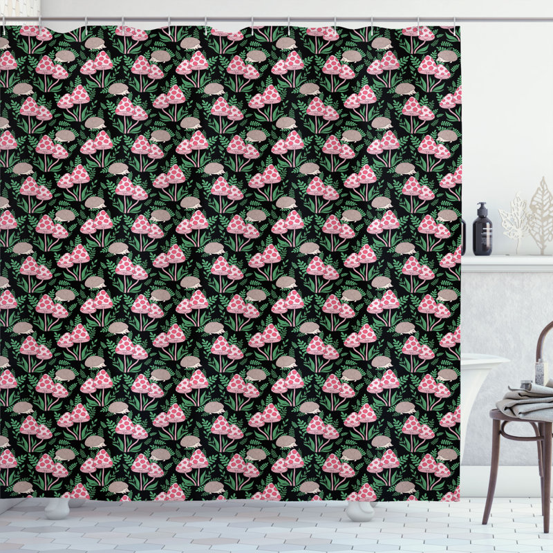 East Urban Home Mushroom Shower Curtain Dotted Toadstools Hedgehog Multicolor, 70"H x 69"W