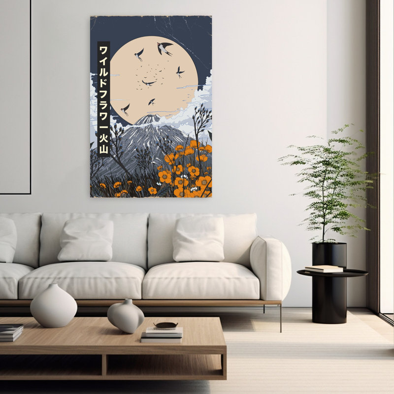 Contemporary Art Minimalist Retro Serene Bird Buttercup Poppy Landscape Mountain Wall Art - Wrapped Canvas Print