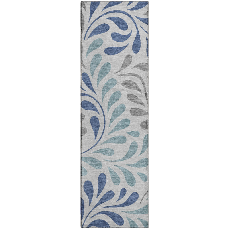 Premium Machine Washable Mayfield AMF2411 Floral Rug, 2'3" x 7'6" Runner, Silver