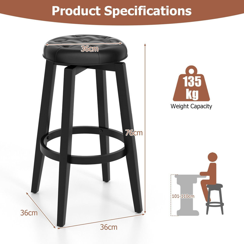 Sinquefield Swivel Upholstered Counter Stool, Black, 76cm