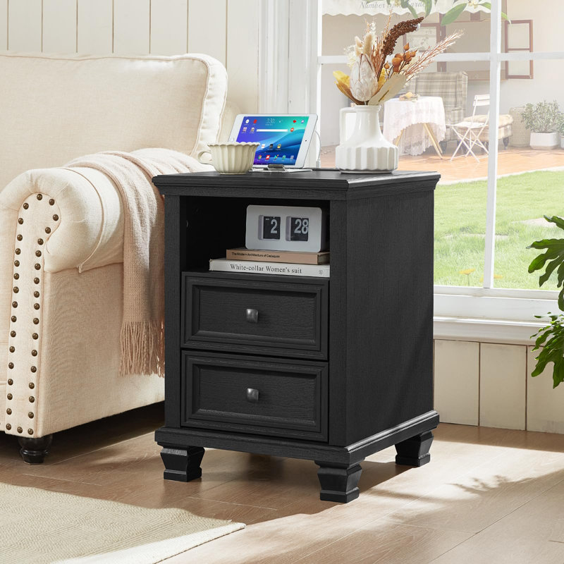 Farmhouse Side Table with Charging Station, Rustic Black Nightstand with Drawers, Bedside Table with Open Shelf for Bedroom