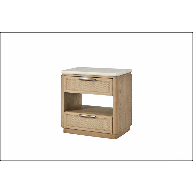 Table de chevet à deux tiroirs avec façades en corde, fermeture en douceur et design élégant pour les chambres à coucher modernes.
