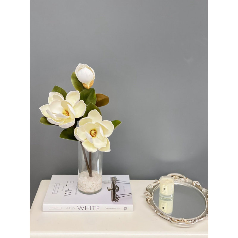 Tall Real Touch Silk Magnolia Stems - Premium White/Cream Magnolia Faux Floral Stems For Décor, White