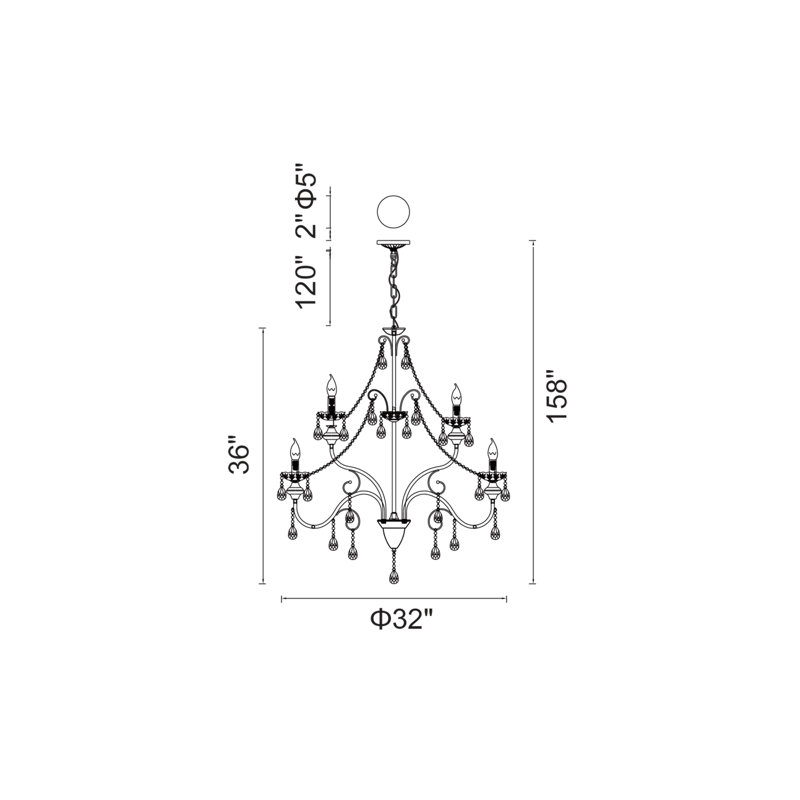 Lustre noir 9 lumières 32 po Jax - Élégant plafonnier candélabre en cristal pour chambre à coucher, salle à manger ou entrée