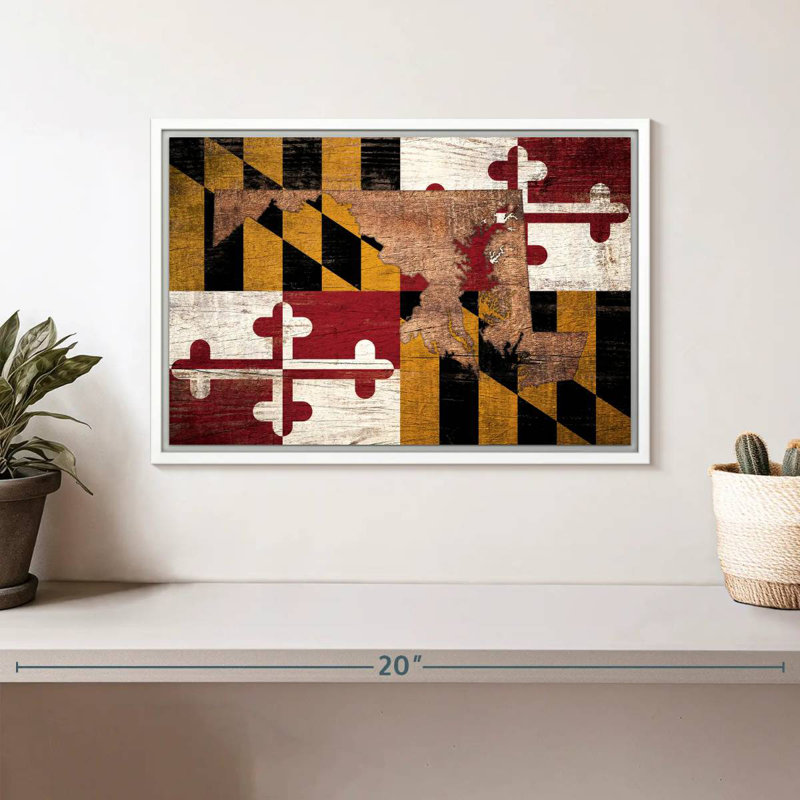 Carte d'État sur le drapeau du Maryland, Cadre flottant blanc, 13 po x 9 po