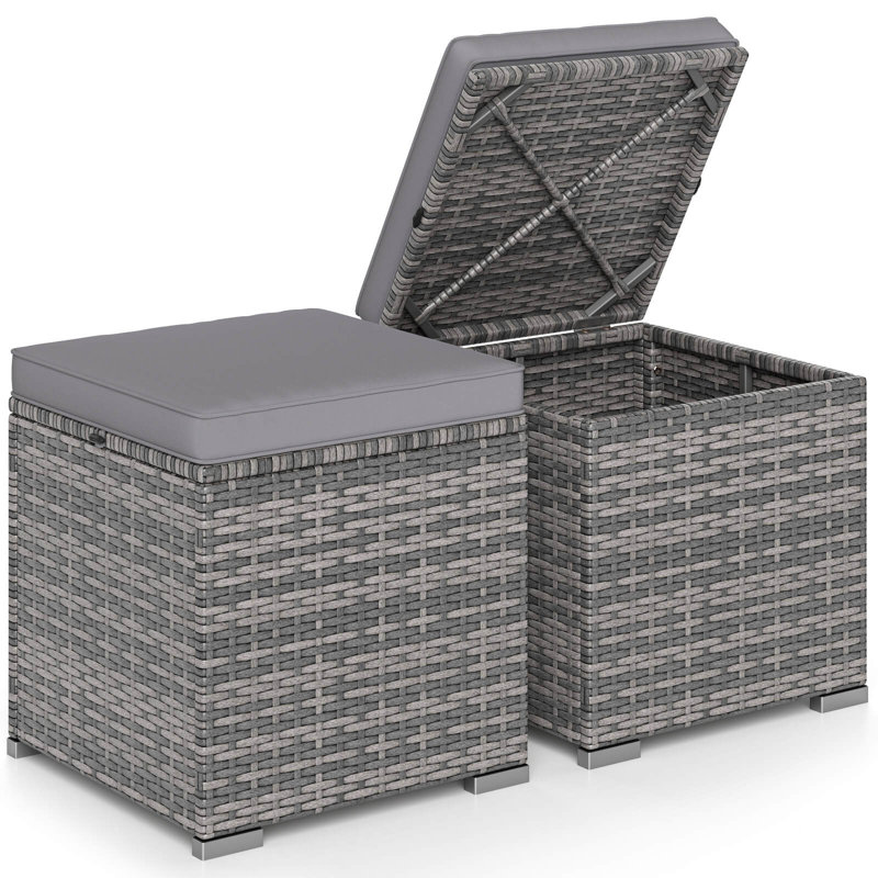 2PCS Patio Rattan Ottomans Seat Side Table Storage Box Footstool with Cushion Gray, Gray
