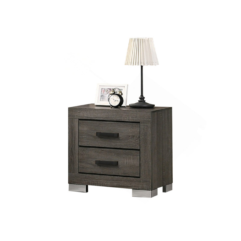 Table de chevet 2 tiroirs en bois avec poignées noires en aluminium