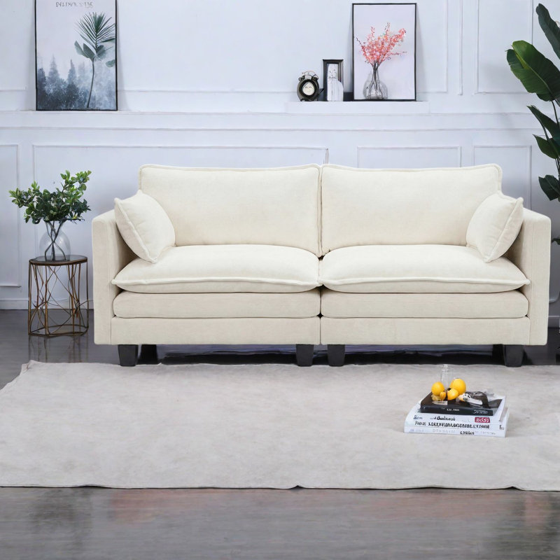 Canapé moderne en chenille beige, causeuse 2 places avec ports USB, appartement compact, Beige
